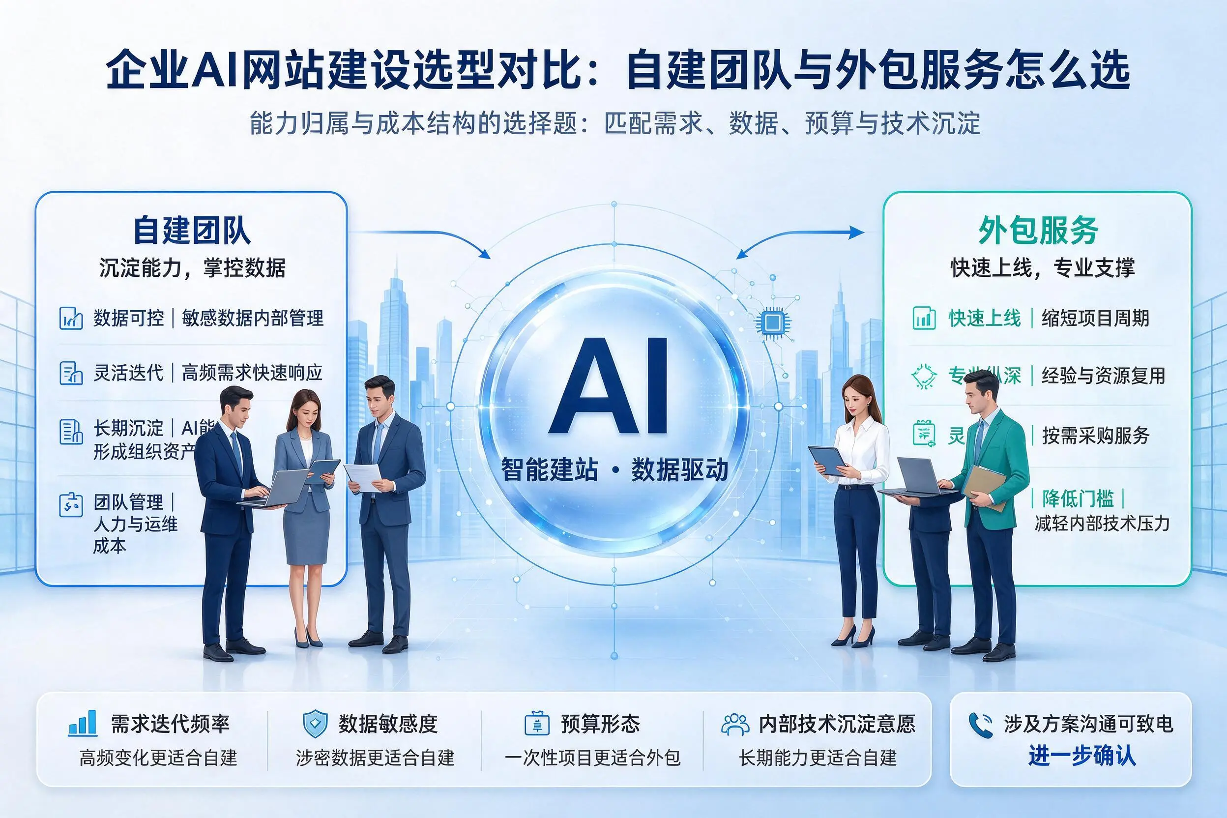 铁岭企业AI网站建设选型对比：自建团队与外包服务怎么选